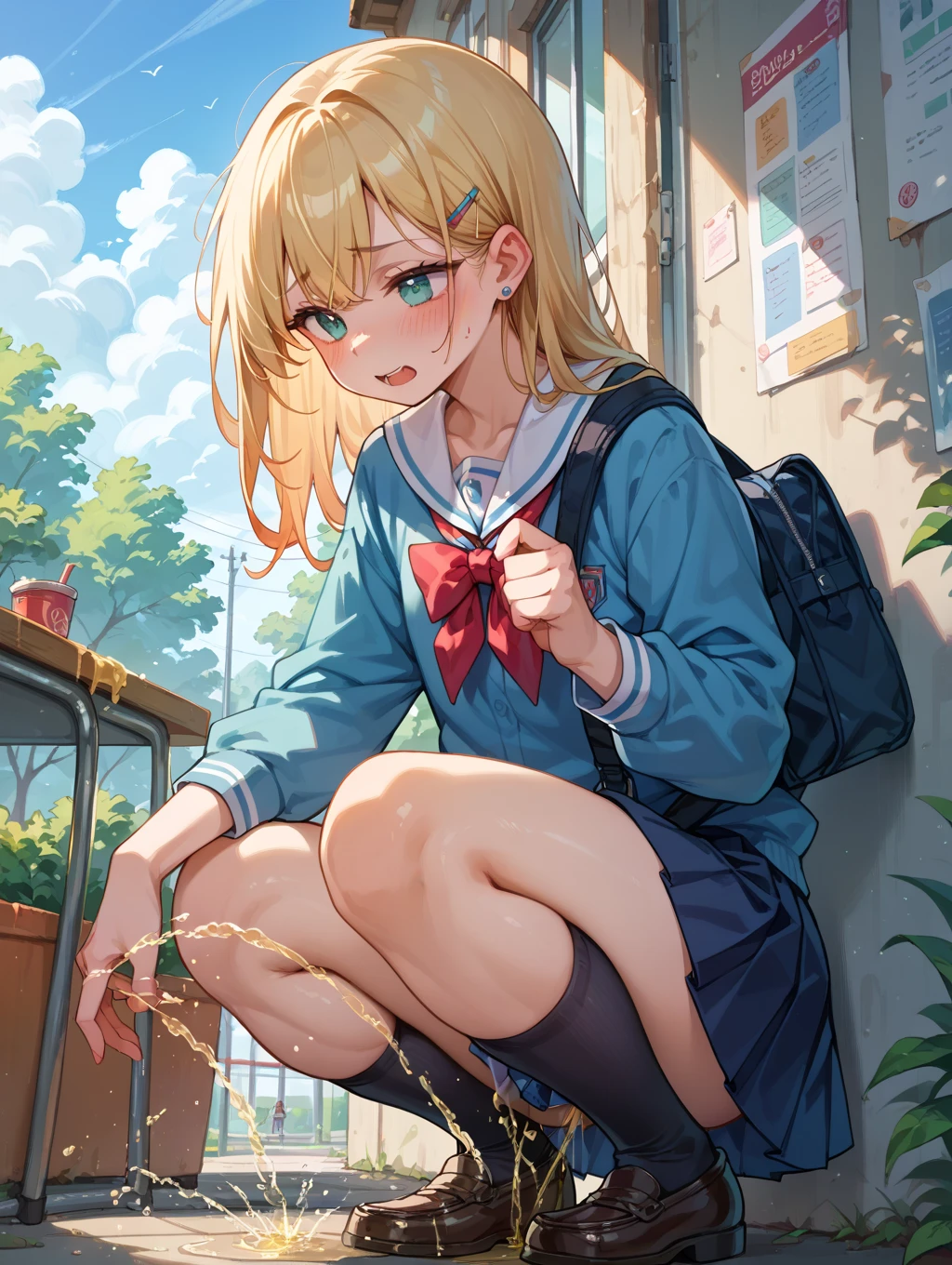 A high school girl with a huge futanari erection and no panties urinates on the stairs、Smiling and ejaculating in ecstasy while defecating in large quantities