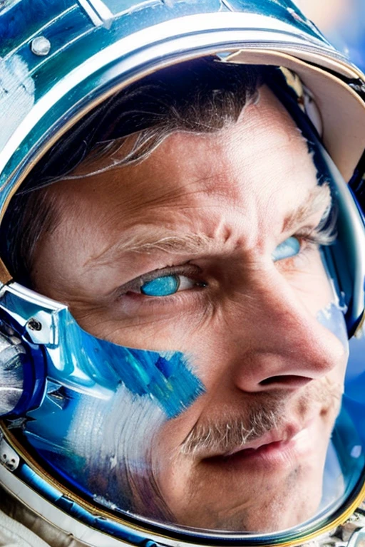 a man in a space suit using a computer , solo, jacket, upper body, helmet, blue jacket, science fiction, american flag, denim jacket, united states, astronaut