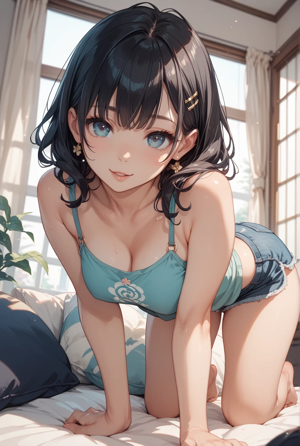 ((highest quality)), ((masterpiece)), (detailed), One girl, Blue Bra, String Panties,Bedroom at home,sexy