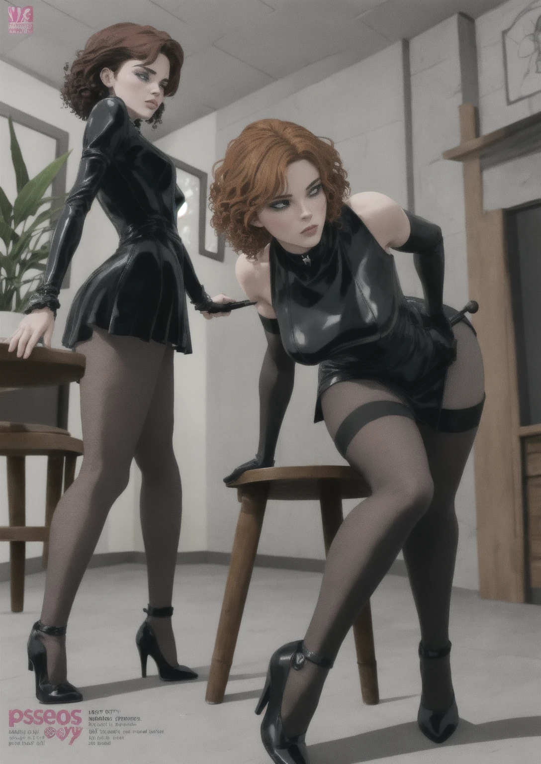(2girls),  bondage, (1 dominatrix, fetish, fishnets, peeing, punishing submissive fuck_slut), (1 submissive fuck_slut, restrained, pee squirting, abused), (masterpiece), (best_quality), comic-book art, realistic, (BDSM), (pornographic), (obscene), (anal_torture), (1girl,bound,bdsm,shackled,collar,bondage,gag)