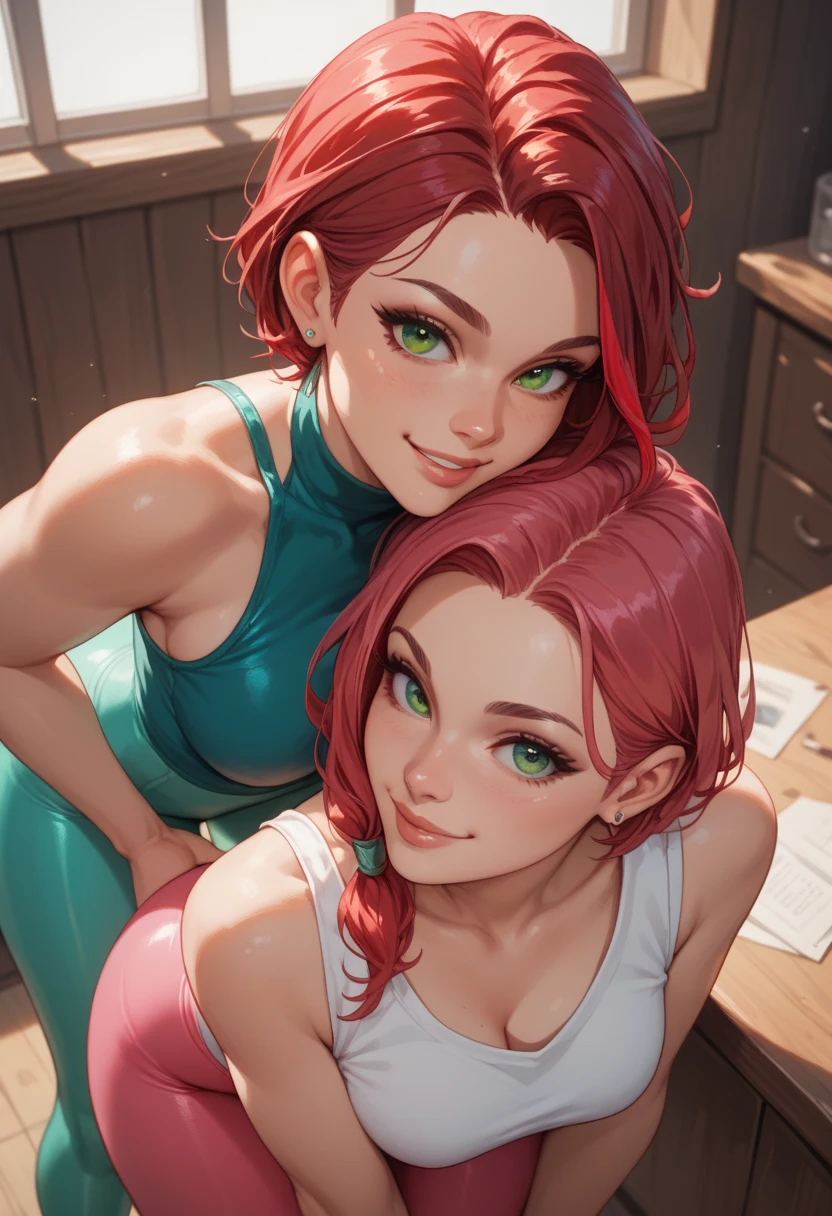 (((2 characters))), ((1guy, jon, a young guy in his 30s with asymmetric very short brown hair, green eyes, a flat nose, smooth skin, slim athletic body)), ((1girl, jennifer lawrence, 1girl, red haired chubby pale girl, green eyes, freckles, half asymetric red hair, cute, nude, small height, stain lipstick, long eyelashes, primer, cream eyeline, ((small breasts)), cute, beautiful, realistic style, highly detailed, 4k, embarrassed expression)), sitting on chair in gym changing room, (same girl in several poses, side, front, back, naked feet), in green tiny one-piece swimsuit with very high-hip-cut and cutout belly button, evil smile