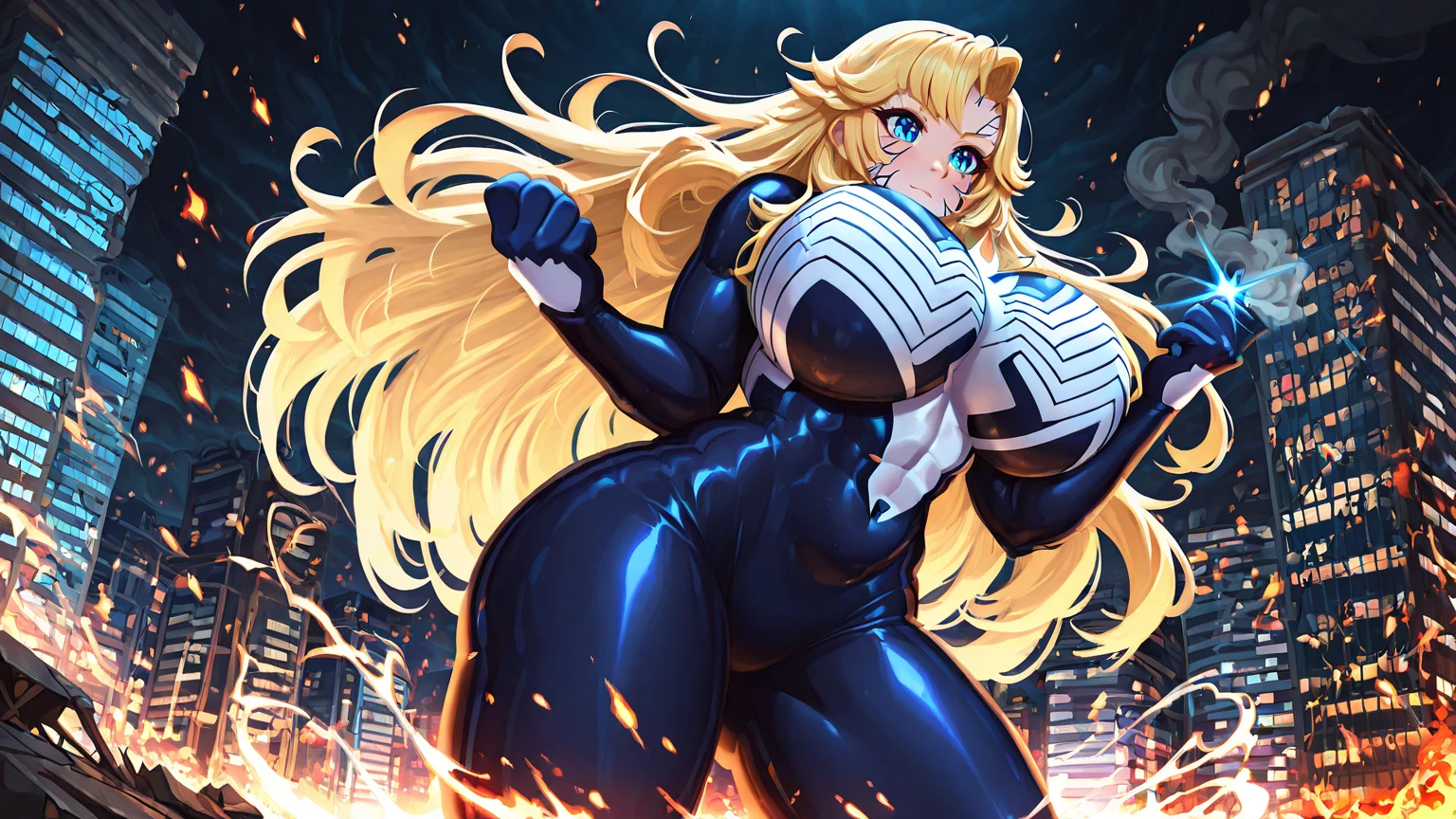 {（（Full body photo，pied plat，Redressez-vous，Style anime Dragon Ball）}，{（（La Lora/Femelles，，extremely beautiful）}，{（（（Elle porte Super Super Saiyan+Les Super Saiyans portent instinctivement le costume du Roi Singe+The body is extremely tight））}。{Chez les futuristes}。{She was sweating both in her clothes and in her body.};{（elle regarde le spectateur，Souriant，et serrez le poing，Focus the aura of magic on his hand，In a frontal attack posture）}。Anime Dragon Ball， high details， Anime Big Breast， 16k， UHD， Retinas， Retinas， vers， anatomie correcte， texturepeau， super detail， highly quality， award winner，gros seins, big breast, kunaboto, gigantic breast