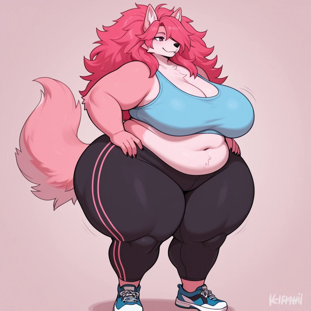 Malamute, female, long blue hair, black and blue body,, huge hips, huge thighs, plump, voluptuous,obese, gorgeous, beautiful, eyelashes, tank top, shorts,fat arms, fat legs, belly rolls, fat rolls, hip fat rolls, double chin, chubby cheeks , barefoot 