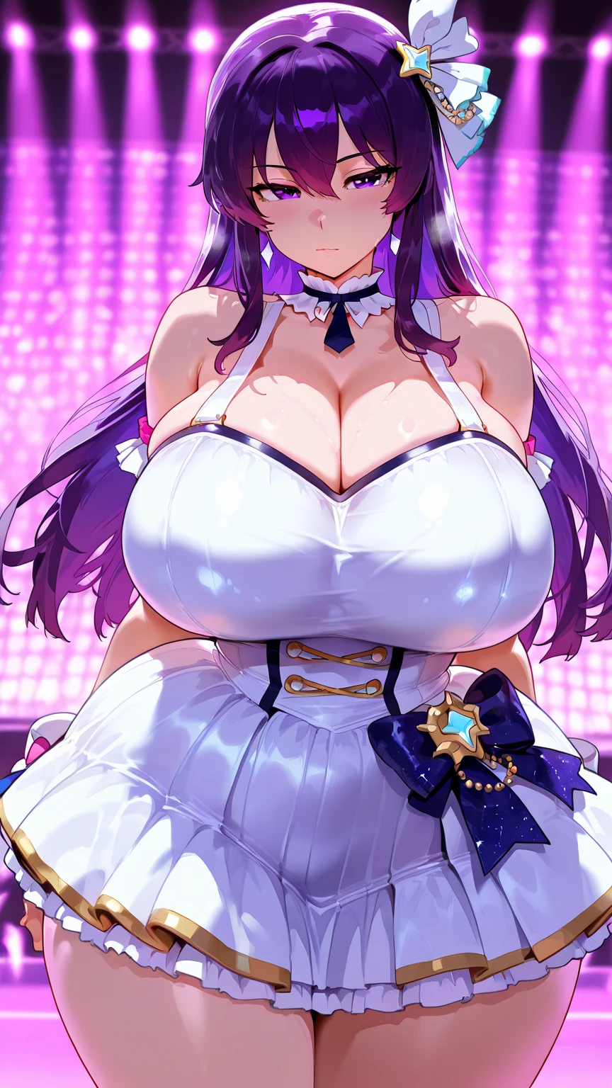 (8K, Best quality, tmasterpiece:1.2),\(eye detailed\),(\(Clothes detail details\)\),full bodyesbian,(huge tit),(Facial focus) ,Very detailed CG unity 8K wallpaper,hugefilesize,ultra - detailed,A high resolution,absurderes,beautidful eyes,Ray traching,dramatic shadow,finely detailled,Dramatic angles,Hyper-detailing,(1 girl:1.3),(Solo),,Mature female,Long hair black,Green eyes,Wearing(cosplaying_magical girl,very cute purple dress with ruffles,Large Ribbon Bow Tie Back),