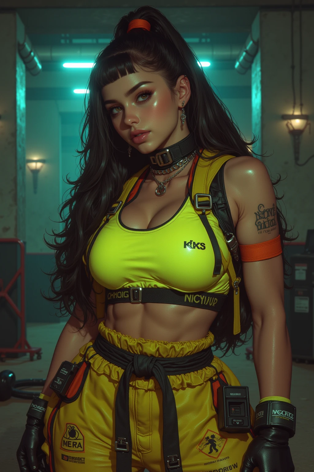Desenho no estilo frank frazetta de uma mulher de 20 anos , corpo atletico, negra cabelos black power, jaqueta de couro falso verde e amarelo, Yellow faux leather shorts, Fishnet pantyhose, bota de couro, camiseta branca, caminhando no meio de uma favela cinematografico