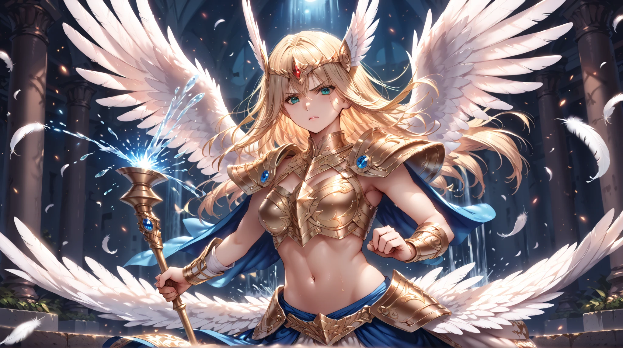 masterpiece,highest quality,Ultra high definition, The Goddess Themis, Greek mythology,((Forehead hair)),white hair,Sword in right hand, balance in left,deep brown eyes, white draped robe, scales, Deep brown eyes 