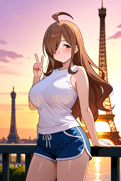 Draw a girl anime version light skin tone long brown hair , voluptuous,, Captain America sweatshirt and red thong underwear in the city of Paris, lying down 
