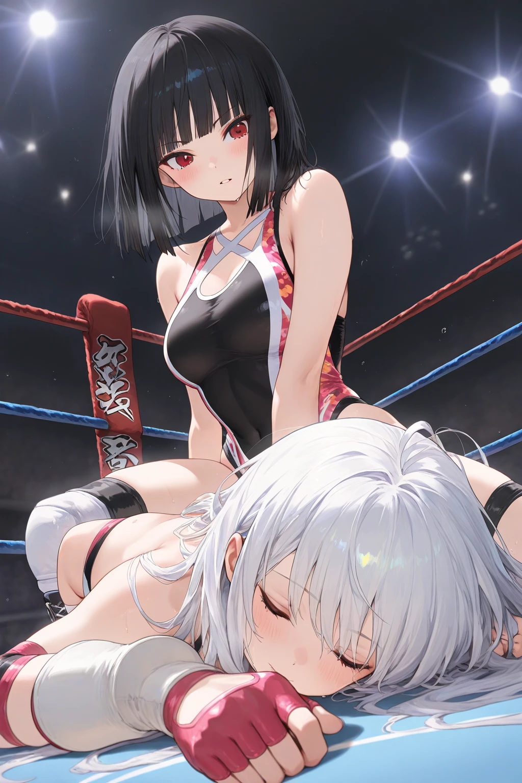 (((masterpiece))),(((best quality))),(ultra-detailed,high resolution:1.2),(illustration),((an extremely delicate and beautiful)),(detailed background), POV, cowgirl position, bouncing breasts, (((man of top))), pussy, vaginal penis, (((motion lines))), (((vulgarity))), motion lines, (cum in pussy:1.4), ((((wrestling ring)))), ((1petit girl)and(1 boy)), hetero, ((((1petit girl,short stature)))),((((miyako/(blue archive/)))),official style, (slender body:1.4), (long hair,ponytail),white hair,bangs, purple eyes, (flat chest), covered navel, collarbone, pale skin,shiny skin, ((She wears swimsuit, thigh high socks), (expressionless,half-closed eyes,look down), (cum on clothes,cum on body,excessive cum:1.4),cum facial,bukkake,cum on hair,cum on pussy, clothing aside, clothed, (1muscular boy,tall stature:1.4), large penis, trembling, text,