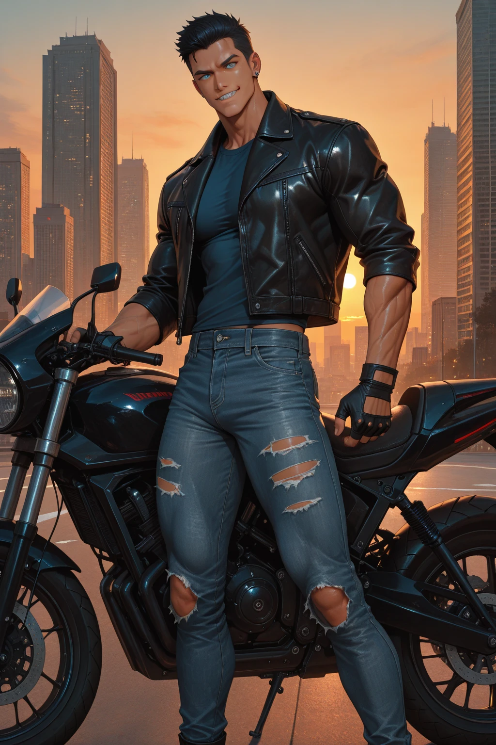 Cinematic Still of Wolverine, riding a motorcycle with a sleek black body, wearing his signature tight leather jacket that hugs his muscular physique, displaying bulging biceps and chiseled abs. (Best Quality, 4k, 8K, high resolution, Masterpiece: 1.2)
Wolverine, with his rugged features, claws retracted, donning a black leather motorcycle helmet, the wind ruffling his shaggy brown hair. His leather jacket is worn tight, showcasing every ripple and contour of his toned upper body.
Two paws gripping the handlebars, Wolverine's arms are