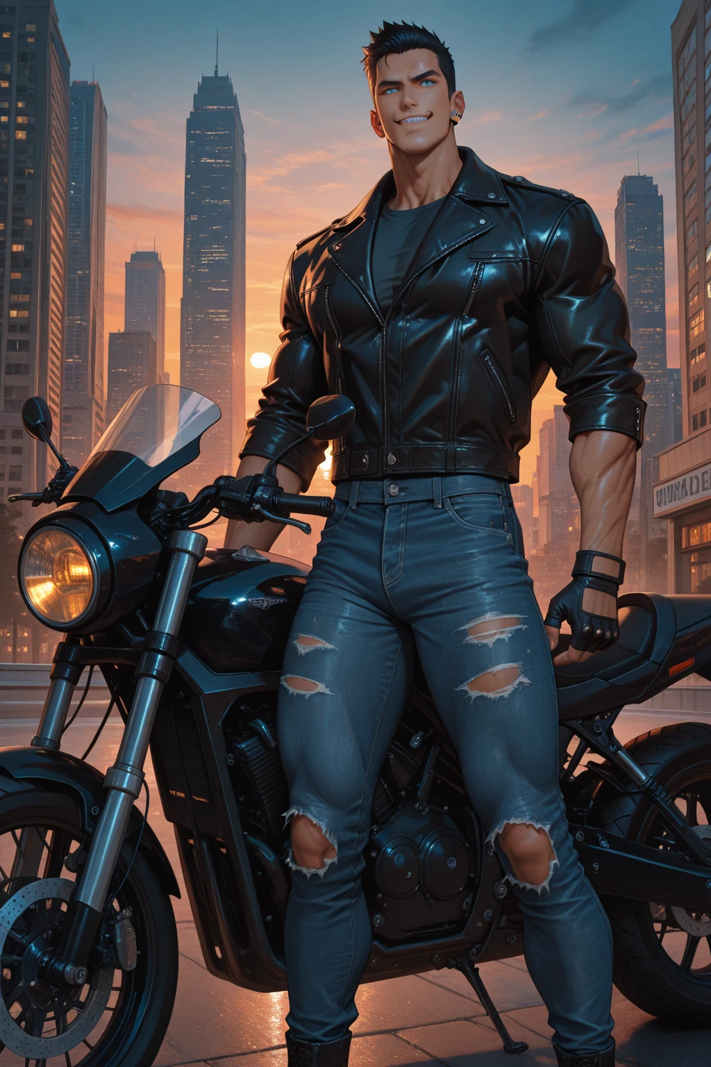 A muscular and sensual young wild afro black werewolf, red-eyed, all bald and with a goatee wearing a leather jacket and driving a big old giant classic super motorbike down a deserted country road at night with an evil entity watching among the stars and tearing the clothes of the beautiful blonde sexy police officer standing next to him