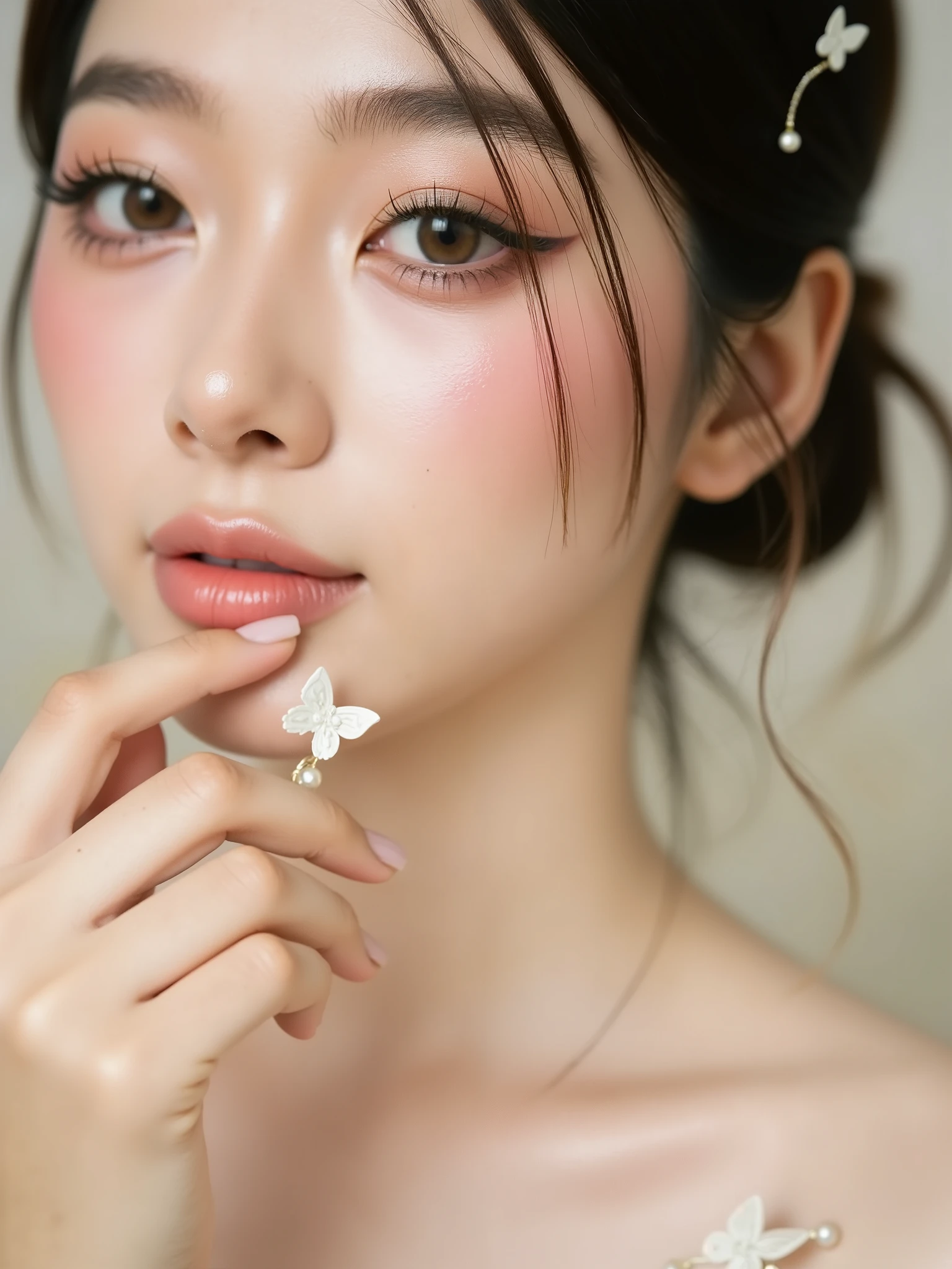 A close-up portrait of a woman with soft, glowing skin and delicate features. She has big eyes with long lashes and subtle winged eyeliner, emphasizing her eyes. Her lips are natural with a glossy peach tint. She is gently holding a butterfly accessory, decorated with pearls, between her finger and thumb near her mouth, while another butterfly adorns her shoulder. The woman has a soft, relaxed expression, with her hair styled in a loose updo with a few stray strands framing her face. The background is soft and blurred, creating a dreamy and ethereal atmosphere. The overall aesthetic is soft, feminine, and natural