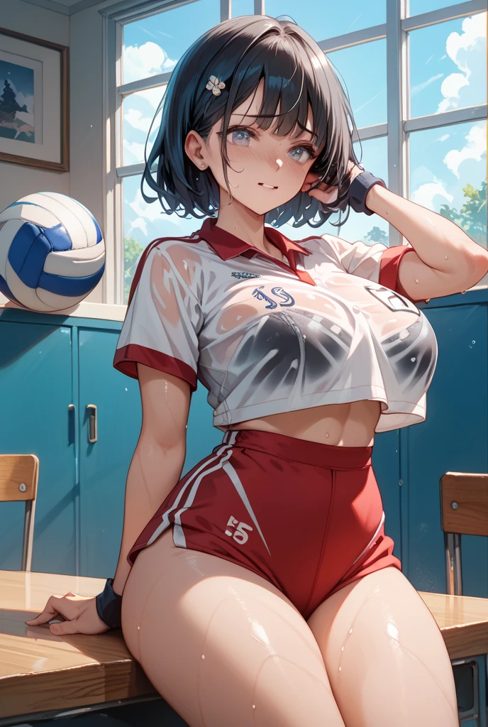 very cute and beautiful girl,(Very detailed美しい顔), (((Close-up shot of face、Open your mouth very wide、Sweating all over、White liquid))),blush,Black Hair,Seraphim,((short hair、Black Hair、Pink hair on the inside、Gal、Small breasts)),((Track & field athletes' uniforms)),((Reaching for the camera、Spread your legs、High angle、Dynamic Angle)), ((Small storage room in gymnasium、Dim lighting、vapor、Sigh、The expression of the limit)), (Highest quality,masterpiece:1.0),Absurd,High resolution,Super detailed,Very detailed,32k,8K resolution, Intricate details,Movie Scenes,Detailed Background,alone,Dynamic Angle,