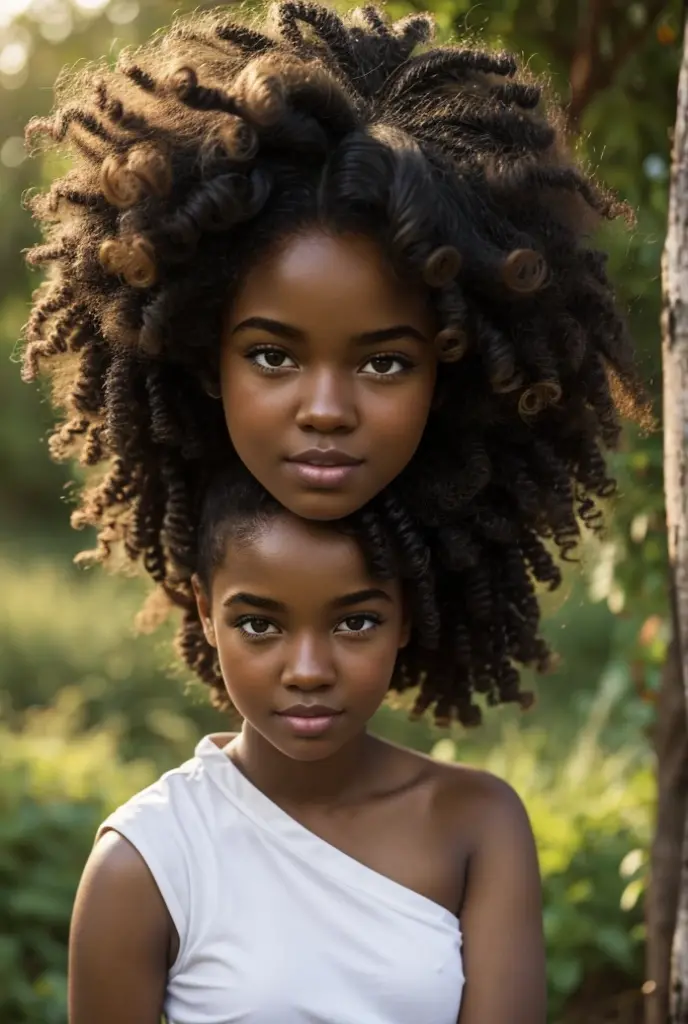 A cartoon girl with curly hair and black skin