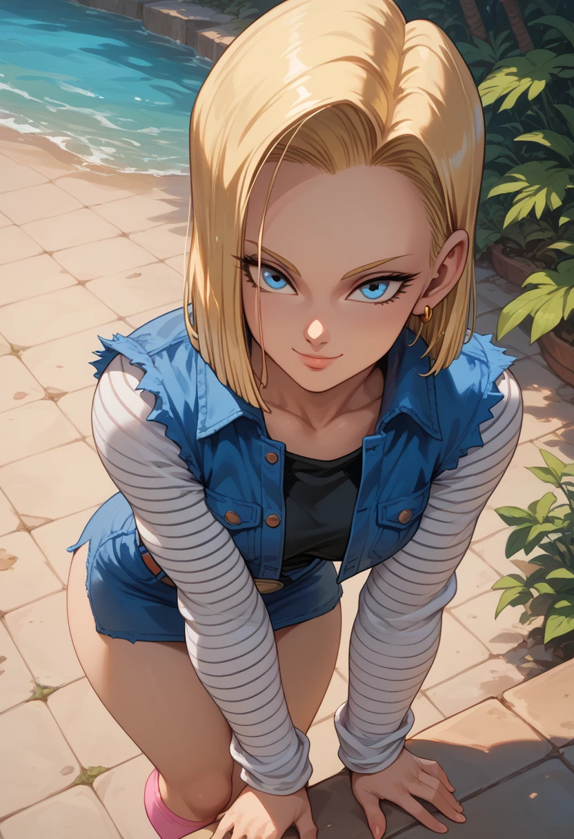 Android 18, ( foto de closeup na parte superior do corpo ), (bikini azul molhado), seios grande, muito sedutor, pose sedutora, sorridente, fofo, muito fofo, Ultra High Definition, master part, Ultra alta qualidade, detalhamento ultra, 8k,