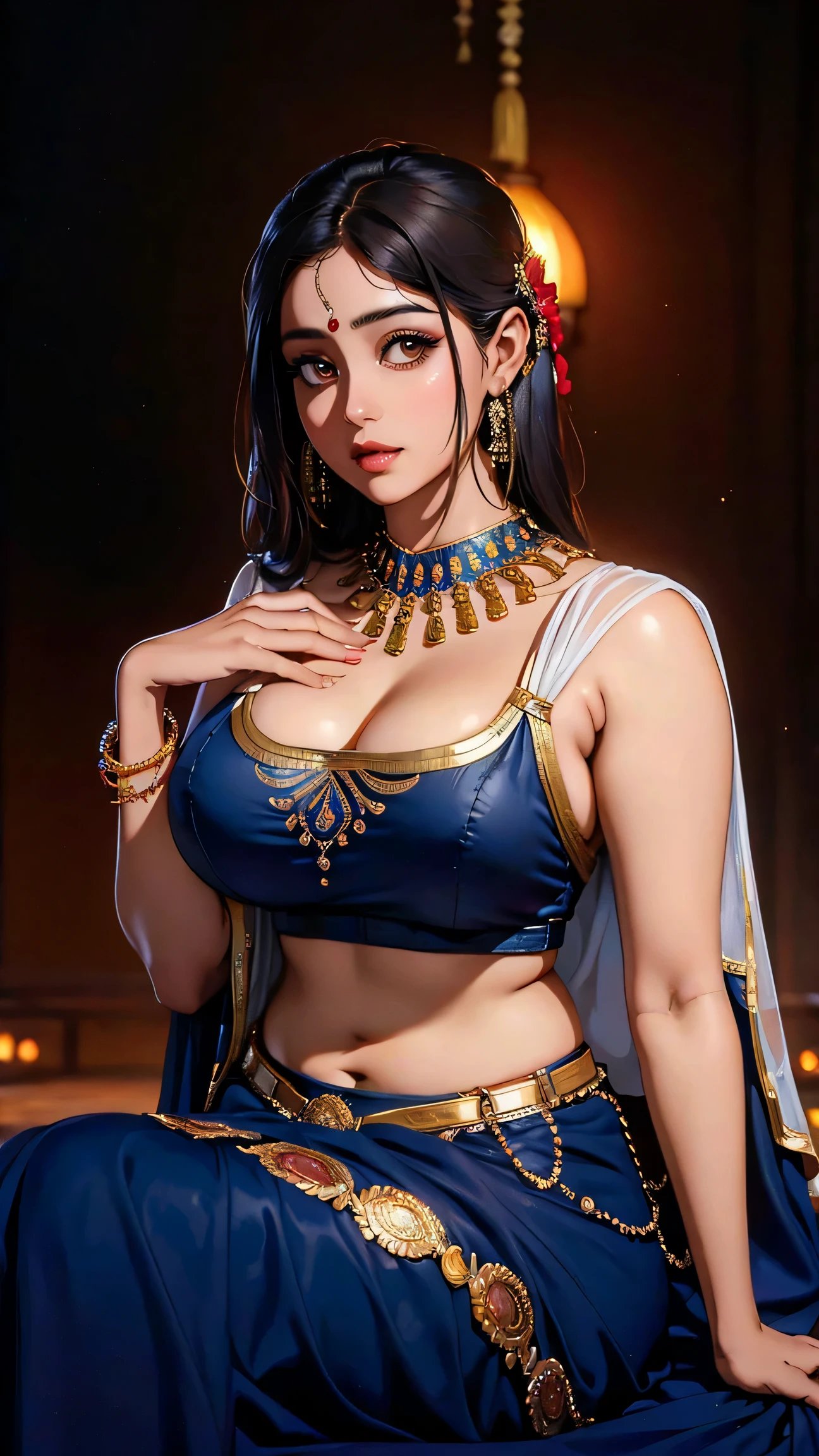 masterpiece, best quality, highly detailed, high resolution, expensive resolution, high resolution, 4k, 8k, uniform 8k wallpaper, highly detailed CG, masterpiece, 2d, 3d, beautiful details, depth, fine texture, best quality: 1.3, perfectly focused, sharp. skin, him, very cute anime girl, cute 20s girl in indian costume saree, big breasts, pink medium long hair in expensive clothes, mole under eye, looking at the viewer, expensive, blush, mole, open lips, pink eyes, smiling heart shaped choker