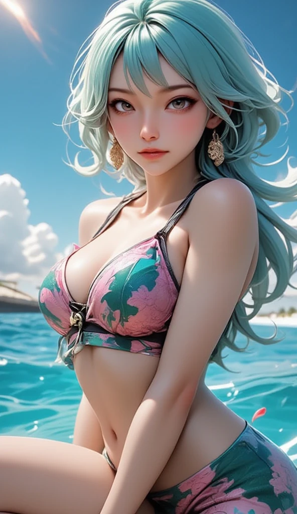 un primer plano de una mujer en bikini posando para una foto, bikini realista, Ross Tran 8K, artwork in the style of Guweiz, Guweiz, chica sexy, ig model | tipo germen, sakimichan frank franzzeta, alena aenami and tipo germen, estilo anime realista 3d, ross tran. scenic background