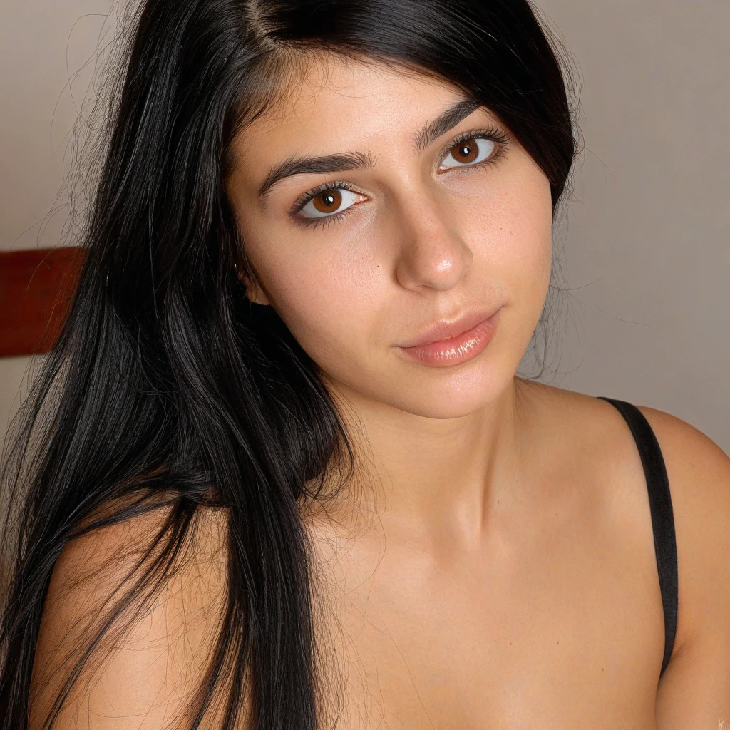 pov shot, koh_miakhalifa, white_off-shoulder_t-shirt, (high_detail intricate lifelike), eyes, livingroom