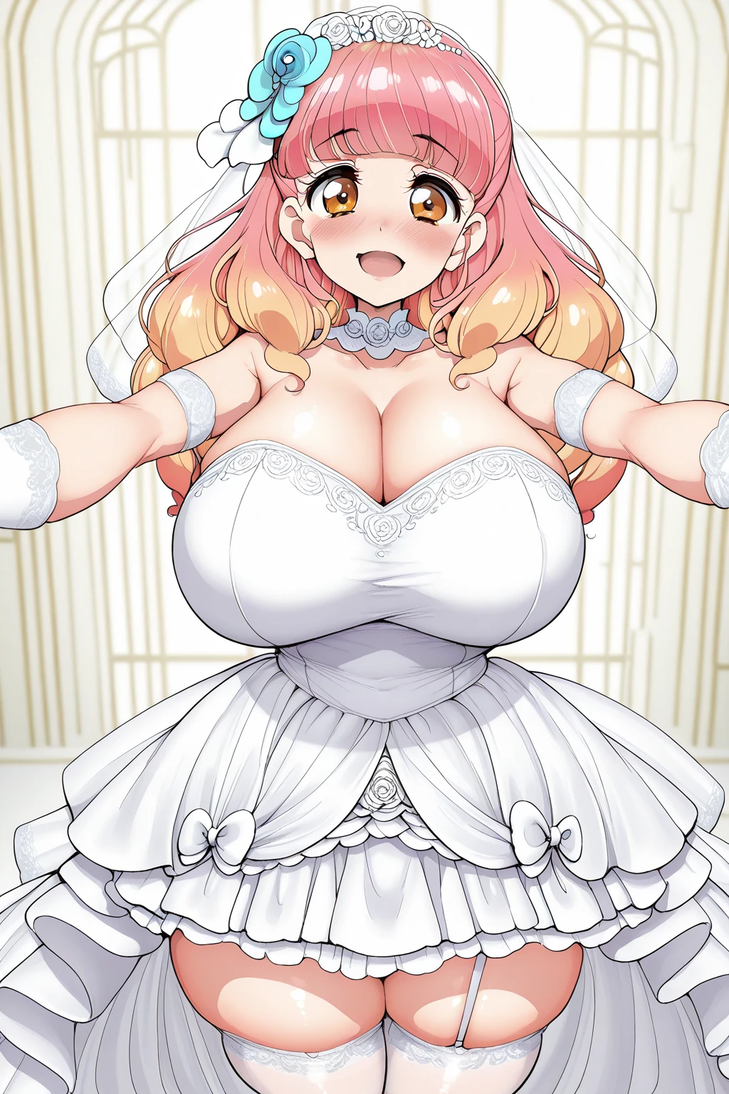 One person、Diapers、分厚いDiapers、stand、Amazingly huge 、Controlling large sagging breasts、Wedding dress、Expressionless、Front view、to kiss、Pressed lips、Kiss the screen、