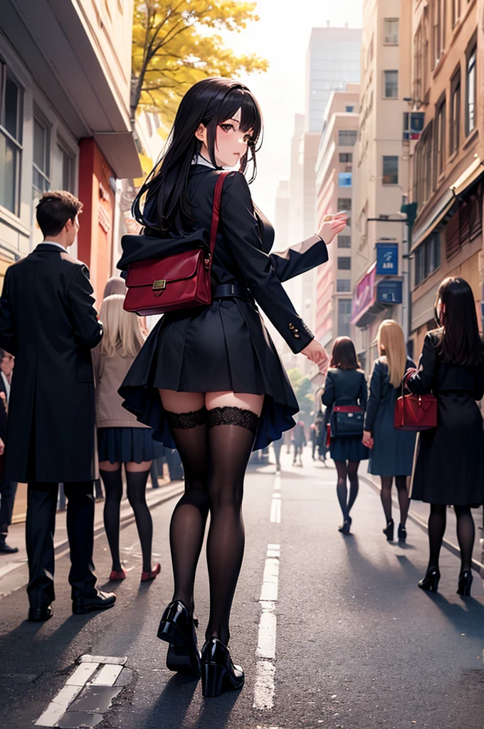 (masterpiece, best quality), 1girl, school uniform, (white panties), panties over pantyhose, from behind, wind, wind lifting skirt, skirt lift, upskirt, ful body, city street, walk, long hair, vibrant colors, volumetric lighting, night, dark, high contrast, dark theme