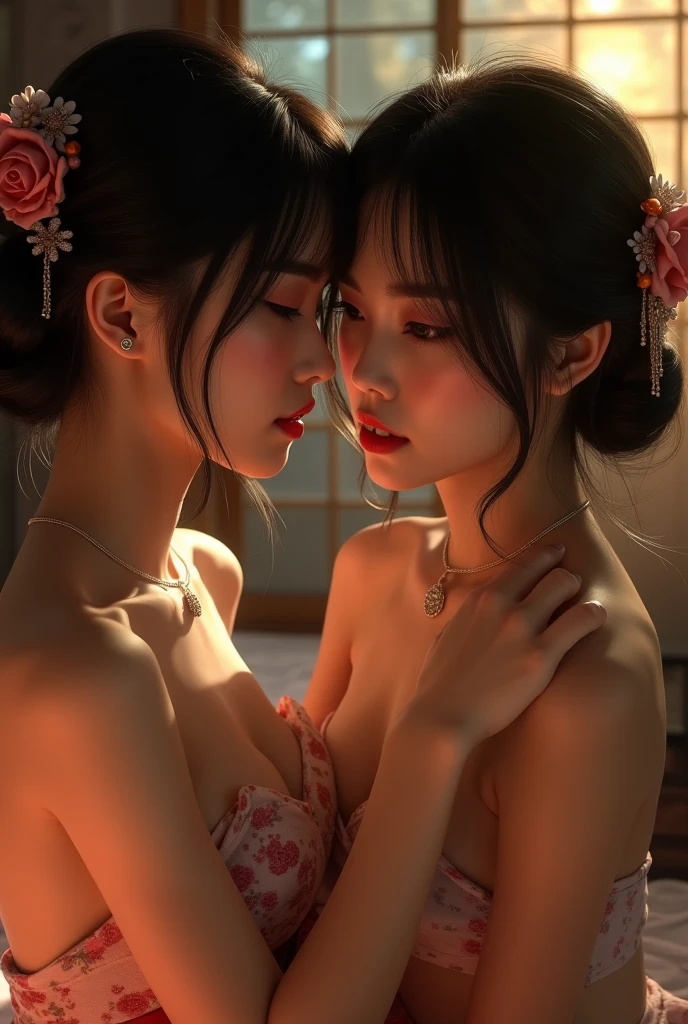 nsfw, masterpiece, best quality, ultra detailed, ((two mature beautiful lesbian women, caress each other)), back hug,
A shy look, Half-open mouth, Bare skin glistening with sweat, bra and panties, in the forest,