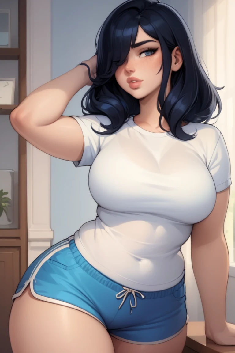 masterpiece, best quality, looking at viewer, fwjin-hee, mature female, large breasts, white tank top, black skirt, sleeveless, sitting on penis, big pregnant