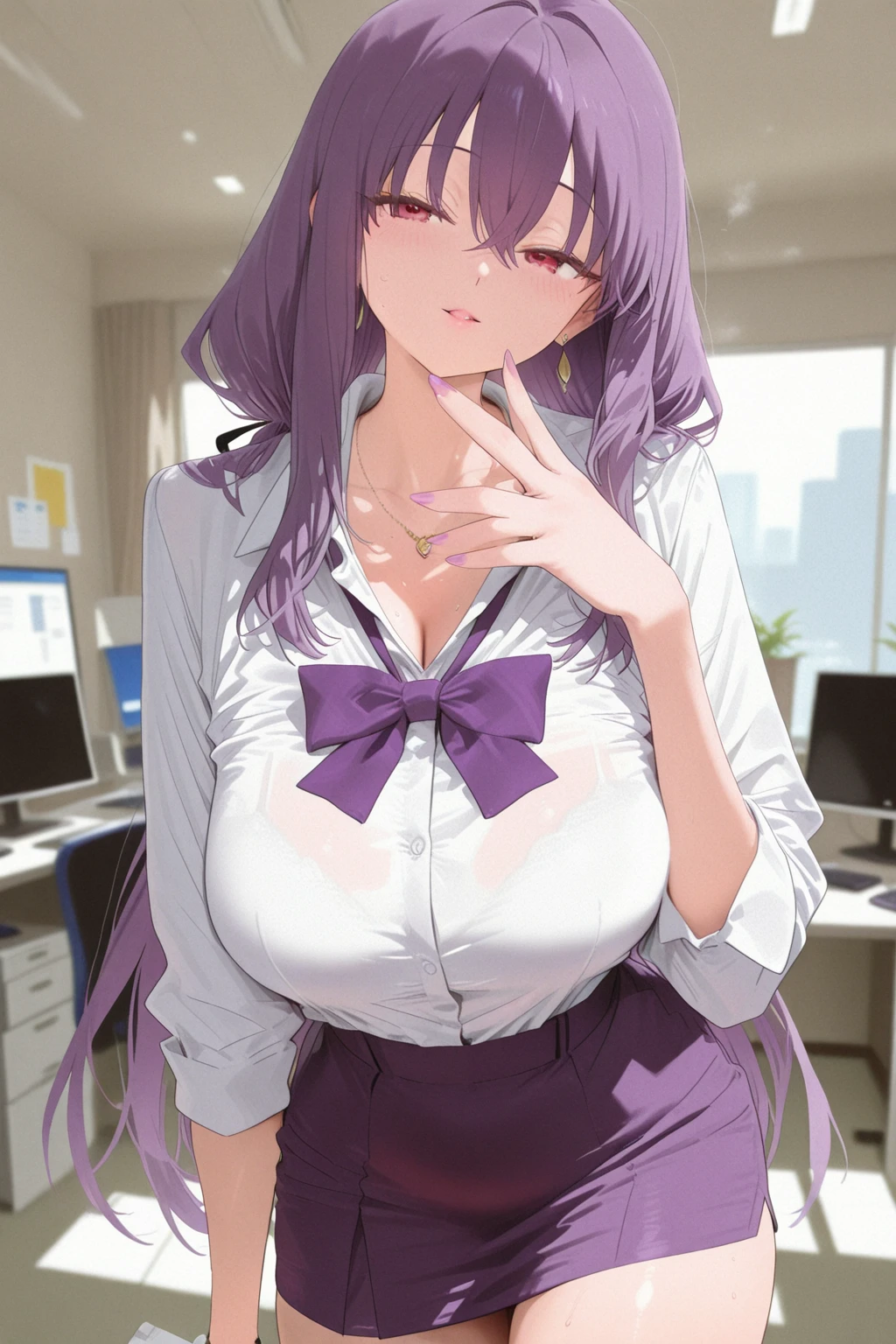 (high quality), black lingerie lace bra, thight stockings, mischievous smile, light blush, looking at viewer, huge breasts, precise hands, sexy pose, scathach, long hair, red hair, (yellow eyes:1.5), white blouse, open blouse, navel, black microskirt, black thong, thight stockings, detailed office in the background