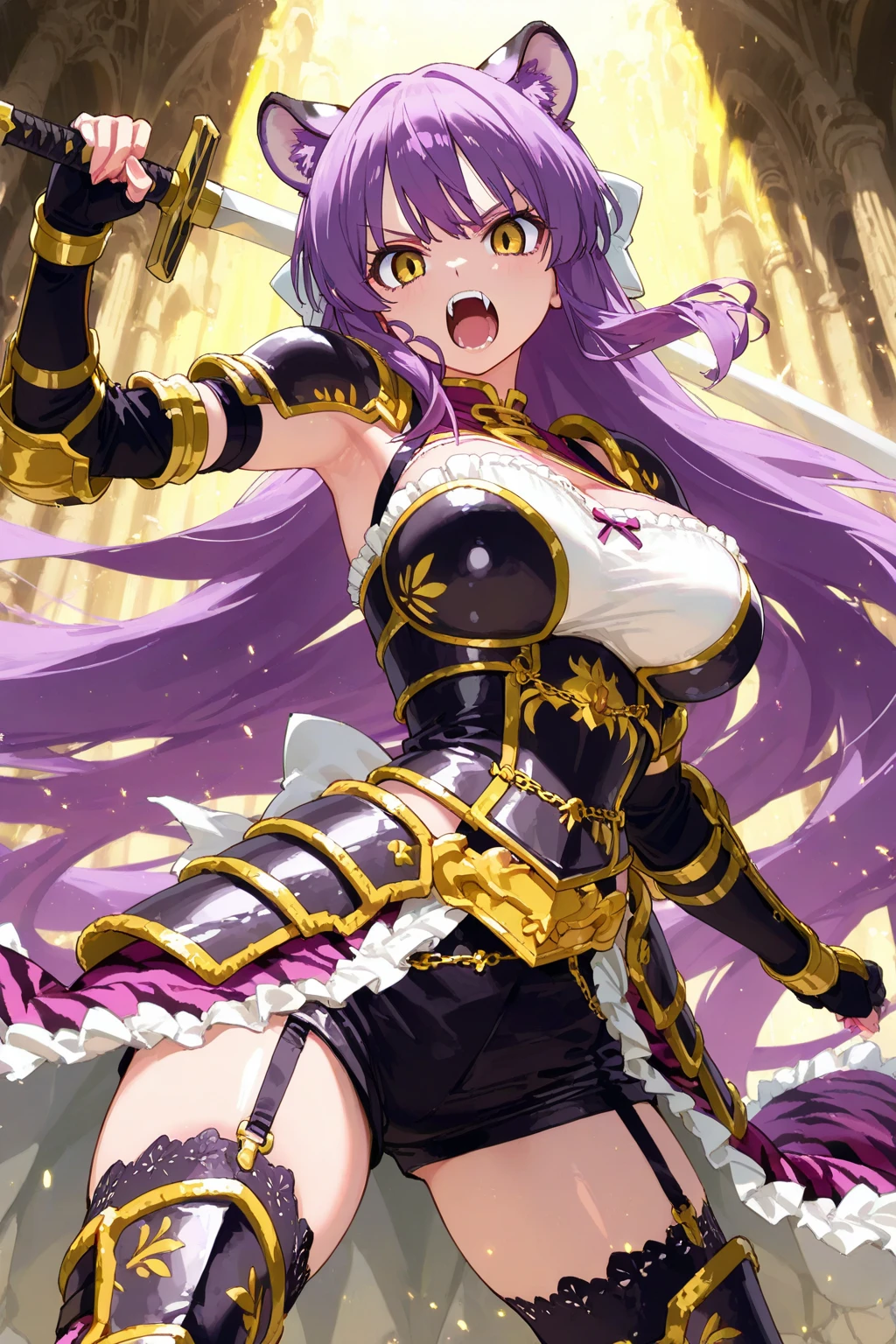 masterpiece, best quality, extremely detailed, anime art style, 1girl, solo, (dark brown skin:1.6), (gigantic breasts), ((purple hair, twintails, purple eyes, hair ribbon)), parted lips, ((FECCC, ExtraCCCOutfit)), light smile, (partially submerged), (lake)