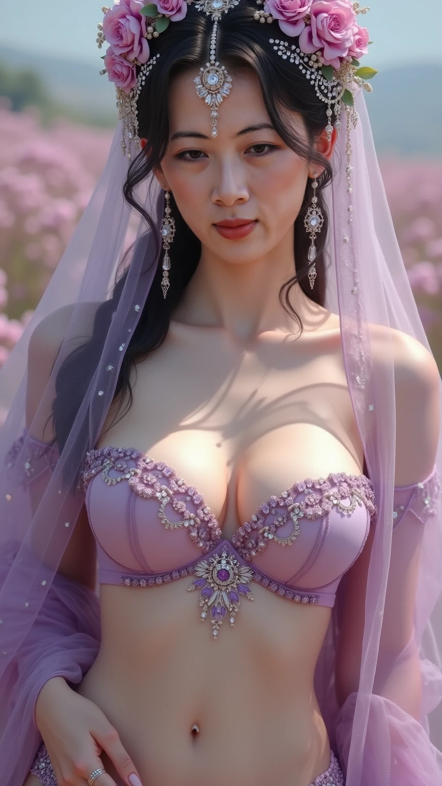 Full body portrait of a Beautiful ethereal woman, bathed in the gentle glow of a soft pink and purple sunset, her long pink hair cascading in the wind, revealing a face of exquisite detail and enchanting eyes. Each golden shade of her intricately layered eye make-up reflects the ethereal light, framing big, colorful eyes with long lashes and double eyelids. A rosy blush graces her cheeks, complementing her glossy, realistic skin texture and full lips adorned with silver glitter lipstick.
Wrapped in the elegant embrace of a purple scarf, she showcases a collection of intricately designed pink and purple jewellery,highly detailed face, detailed face, perfect proportions, well-proportioned body of six heads, huge breasts, thin waist, navel, big butt , crotch gap, large thighs,