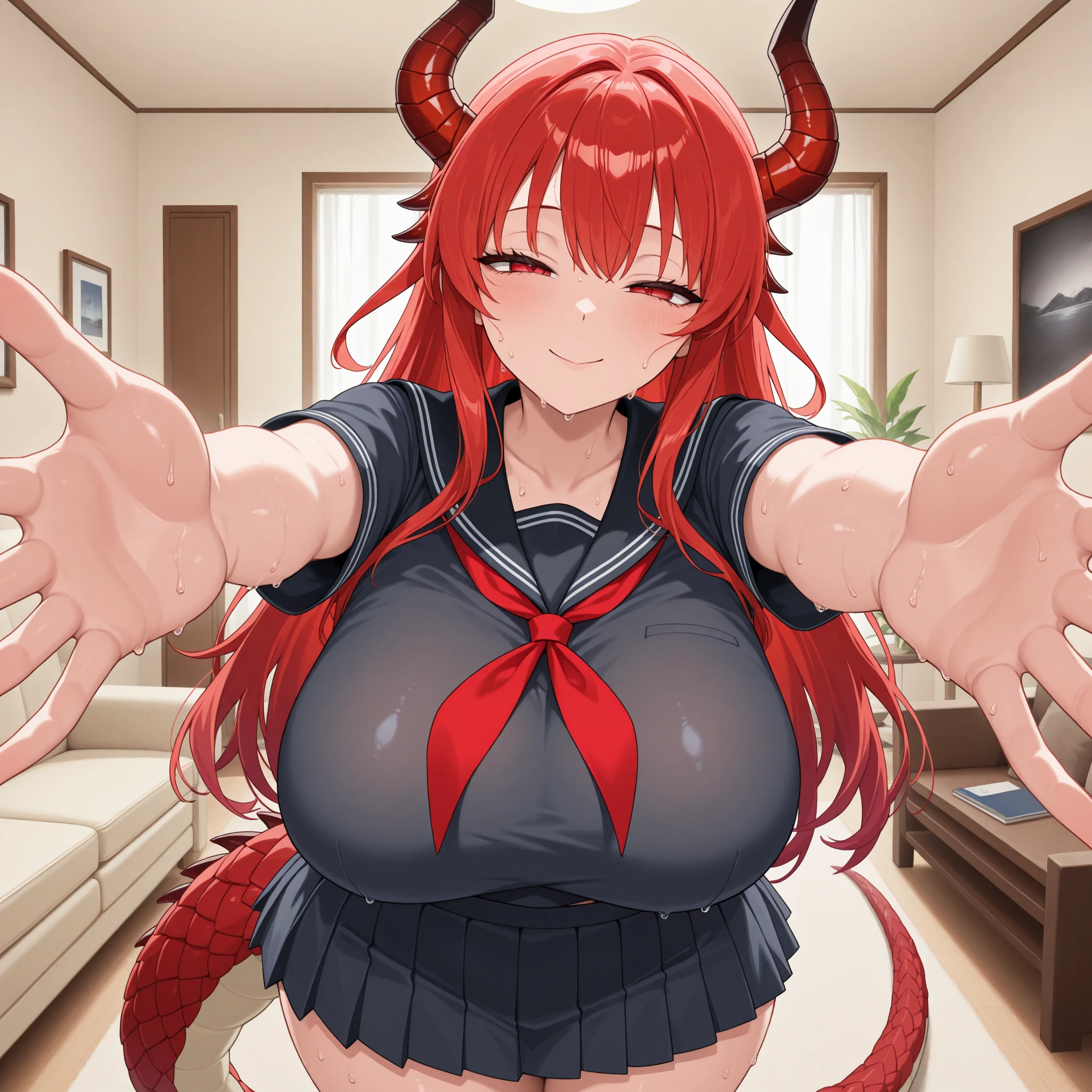 missionary,1girl,1boy, Girl in clothes,naked man,Long hair, Blue eyes, pointy ear, Horns, goggles on head, Looking at Viewer, Red hair,Megu Shimokura,POV,((vaginal pennis)),Young and cute face,Inverted mini skirt,smile,closed both eyes,clenched teeth,On futon,tatami,penis,sex,((intercourse with a man)),((boy on top)),((man grabs chest over clothes)),grab pillow,white sweater,white tank top,bottomless,cover chest with clothes,cum in pussy,beautiful detailed eyes,large and long breasts,futon laid out on tatami,lie on futon,ecumbent position,lying,clothed sex