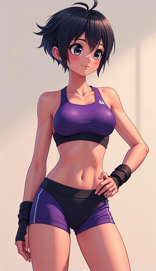 riley fairfeather, masterpiece, best quality 1girl, solo, 1girl, solo, freckles, dark skin, dark-skinned female, purple eyes, short hair, green hair, multicolored hair, very short hair, black hair, undercut, gradient hair, two-tone hair, piercing, ear piercing, nose piercing, small breasts, full body, choker, standing, hands behind back, sports bra, short shorts, camel toe, nipples visible,