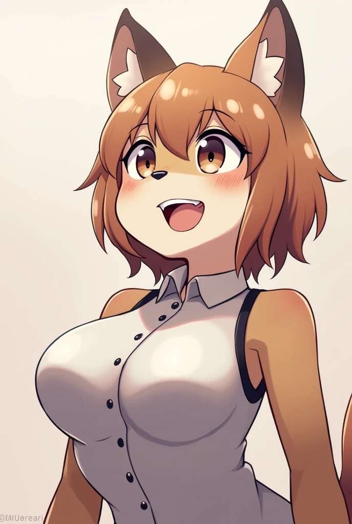 by by buta99, by chelodoy, by spikedmauler, by cervina7, solo, female, standing, looking at viewer, ((hair, snout)), smiling, lips, eyelashes, eyeliner, , cleavage, , light brown fur, pink eyes, , long light brown hair, skinny, canine, pink, kawaii, domestic dog, wavy hair, small waist, huge thighs, , big eyes, light pink clothes, , big ,  outfit, f dramatic pose, action pose, , pink background, pink theme, kawaii, hair in ponytail, facing viewer, pink bra, white mini skirt, wearing white miniskirt, small waist, , white background, white button up shirt, black skirt, business t