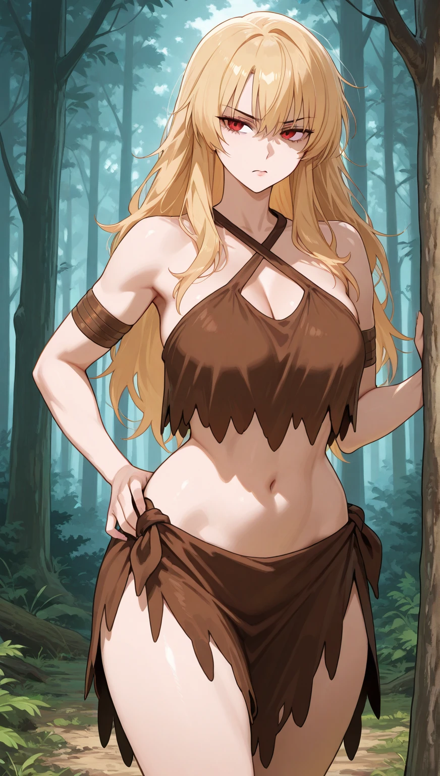 (masterpiece, plain background:1.2, far shot view from below angle,1chica 1solo) standing full body, mature woman, Eyes, wide, black bikini, pronounced abs, chain collar, stomach tattoo (red tattoo)