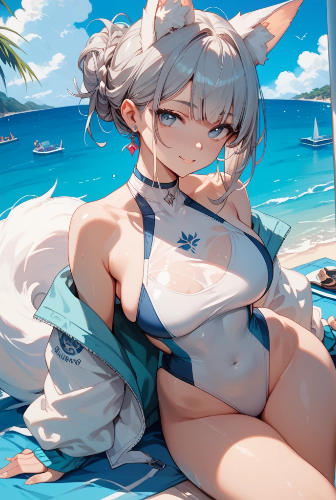 （（Super detailed details））（（Ultra-clear））（（Highest quality））One with white hair，Cool swimsuit girl（Happy and lively）Moe，Perfect body proportions，（（Profile））（（Ultra-realistic 3D））（（（HD Wallpapers））））