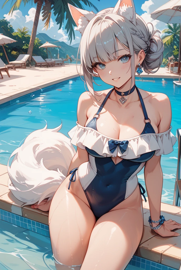 　High level image quality　best image quality　8K　 adult woman    pool party  rain　palm trees  more colors   whole body view　portrait　 bikini   　horn    ears  　short hair（（shortcut）（gray hair）（perm）（fluffy））　eye color is blue ,  , 　attractive evil face , smile   ,  sexy pose   ,  labrynth ,  arm crossed , barearm    , wearing white shirt    , sitting on person by the pool , crossed legs  , all wet , wet hair , view foot arc