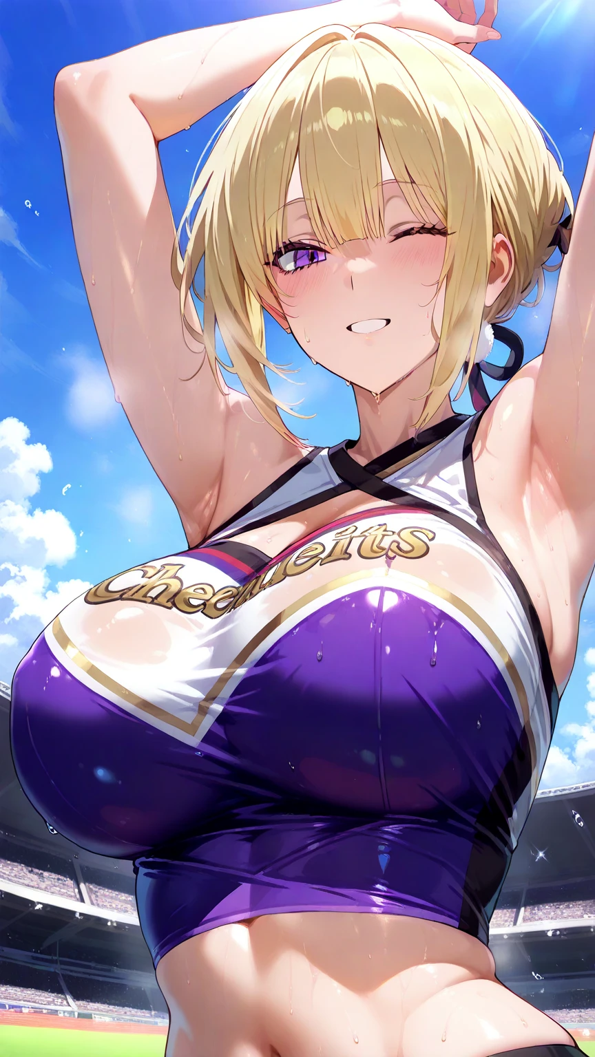 igawa,medium breasts,bouncing breasts,cleavage,blonde hair,bobcut, purple eyes,navel,(karate gi,:1.2),(micro bra:1.4),(((micro panties:1.2))),(sweat gleaming skin:1.1), outdoors,sunlight, spotlight effect,bright sky, blue sky with clouds,strong wind, (colosseum),(highres, high quality:1.1), intricate details, cinematic lighting, 1girl,(red blush,angry),(Gorgeous Necklace,jewelry, bracelet),(dynamic fighting pose:1.2),dynamic angle,from below