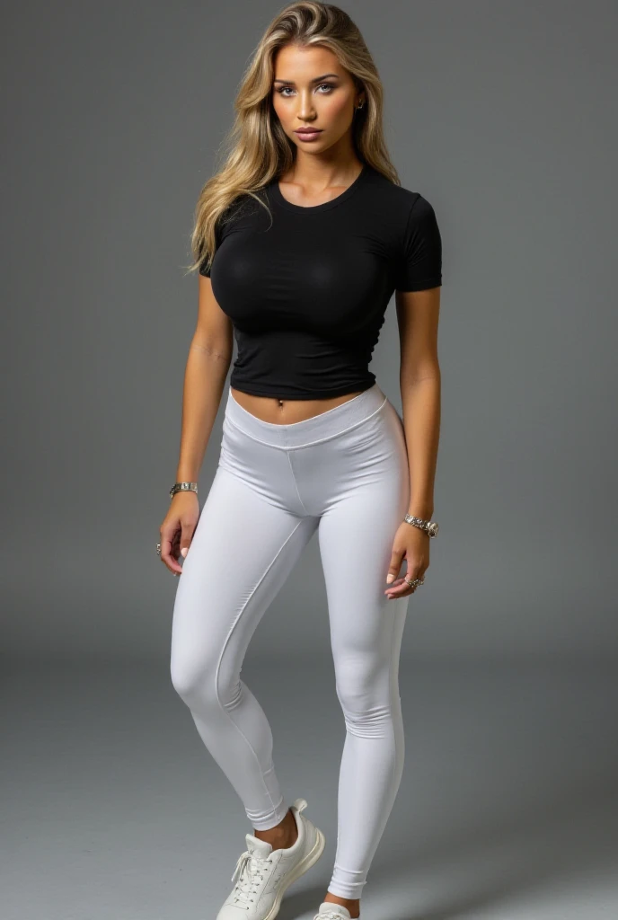 A sexy korean woman, long flowy blonde hair, glossy lips, plump body, long legs, heavy breasts, giant breasts, huge breasts, massive breasts, juicy breasts, succulent breasts, enormous breasts, braless, wearing casual white tight shirt with rounded-neck jersey short-sleeve, pink legging pants, high heels, stilettos, full body, standing on the floor, detailed body, at photo studio, white backdrop, dynamic light, 8K, masterpiece, ultra detailed, professional studio lighting.