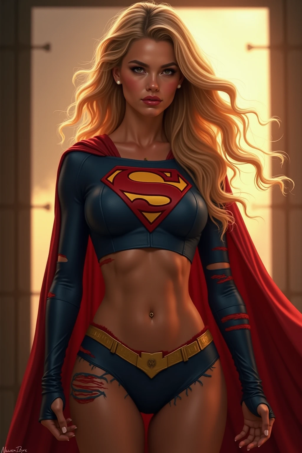 8K, top-quality, Real Image, intricate detailes, ultra-detailliert, 超A high resolution, Depth Field,(Photorealsitic,realisitic:1.2), ​masterpiece,a photo of 1girl, super girl, Superhero, arms on waist, realisitic, Red top and bottom underwear,teats, blue eyess, blonde  hair, s lips, length hair, 独奏, Ruined City Background by Lee Jeffries, Nikon D850, Film Stock, See all 4 photos for Kodak Portra 400 Camera F1.6 Lenses, rich colours、A hyper-realistic、Realistic texture、dramatic  lighting、unrealengine、ArtStation Trends、cinestill 800、NSFW