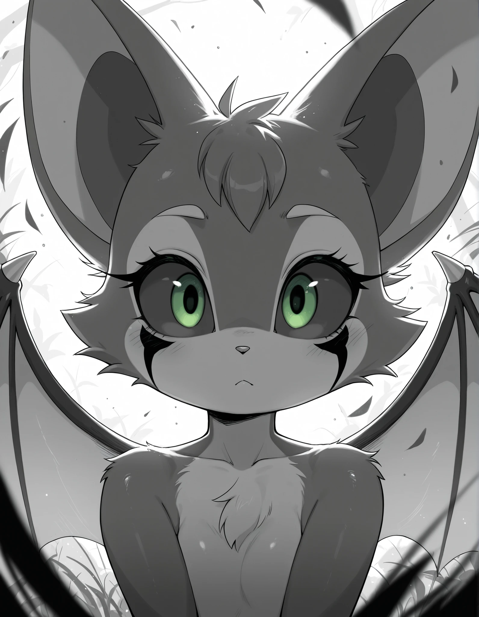 greyscale, monochrome,, masterpiece, best quality, very aesthetic, (1girl:0.7),, (solo:1.3), furry, fidget \(elysian tail\), nimbat, fidget_daet, anthro, furry female, wings, tail, green eyes, colored sclera, bat wings, facial markings, orange fur, white fur, two-tone fur,membranous wings, fluffy, portrait, big eyes, young, BREAK, masterpiece, best quality, high quality, particles effect, [:by Desubox:0.15], [:by Anchee, by Snowskau:0.55], detailed background, detailed foreground, subtle shadows, depth of field, backlighting, plant, nude,