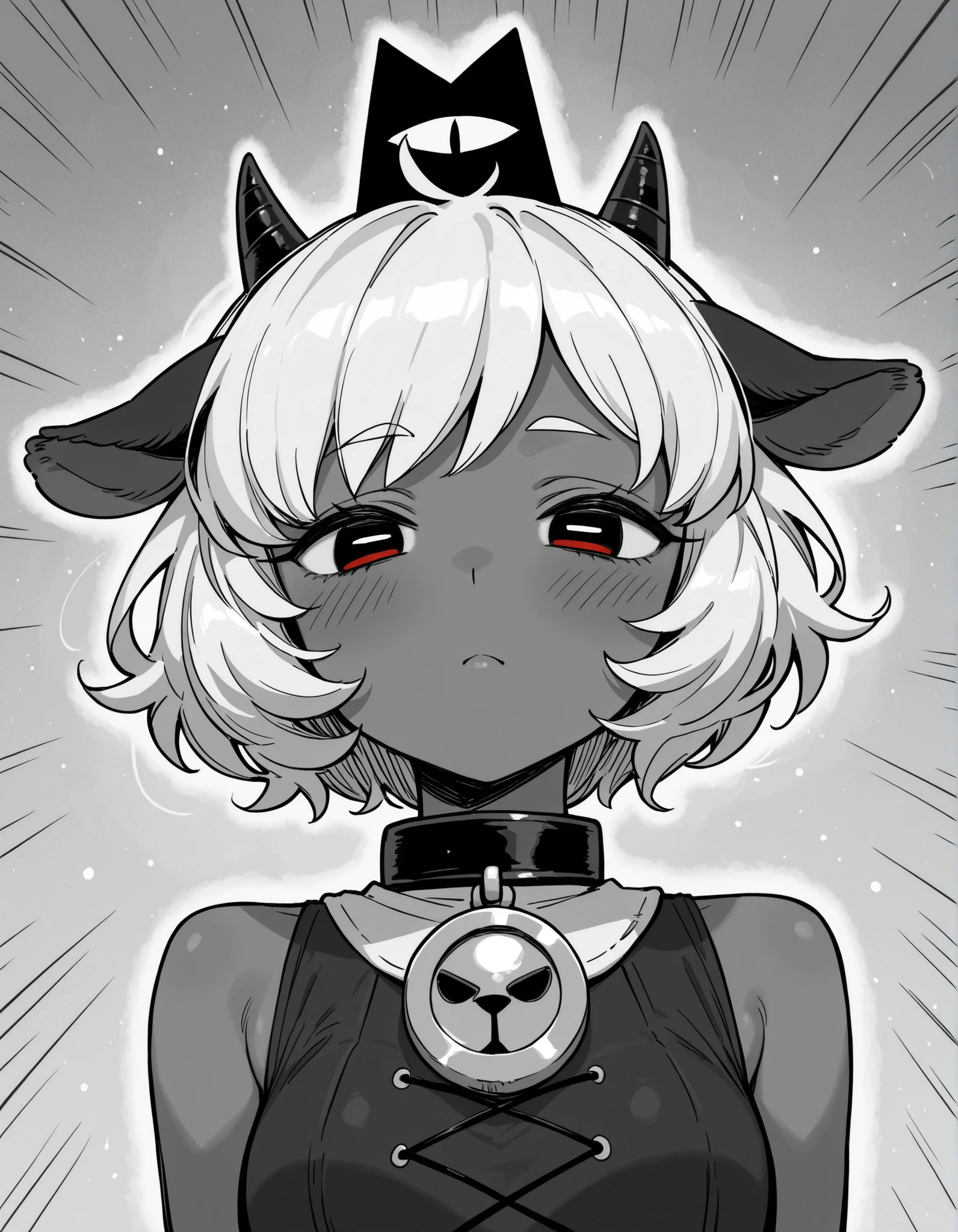 greyscale, monochrome,, masterpiece, best quality, very aesthetic, 1girl, solo, cult of the lamb, sheep girl, collar, horizontal pupils, red/black eyes, red crown,