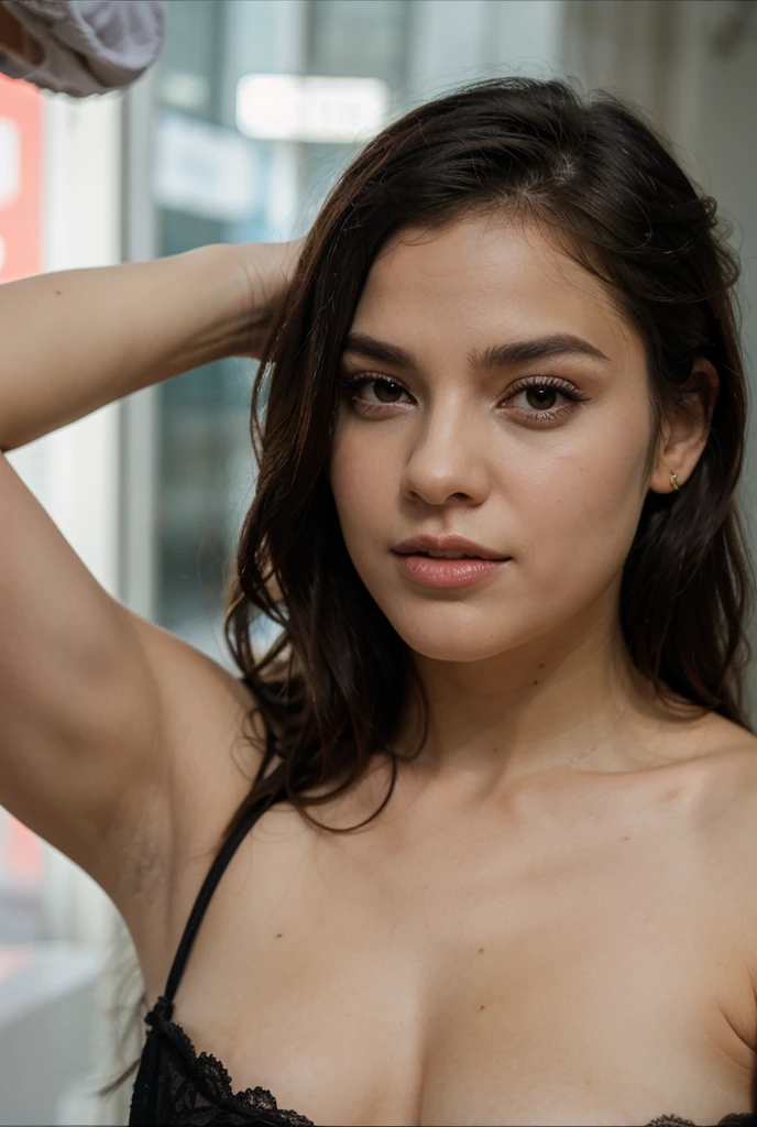 Create a 25-year-old Brazilian influencer, beautiful with straight hair, and a sexy body, natural photography, frontal portrait. 