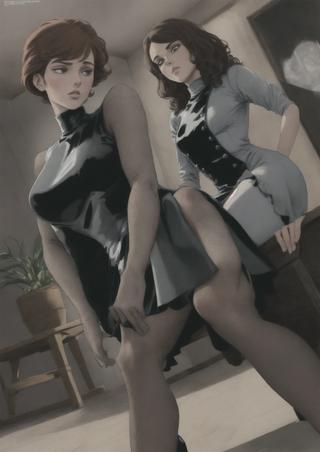 [Core Concept] An intimate, sensual scene featuring Aunt Cass from Big Hero 6 and Helen Parr (also known as Elastigirl) from The Incredibles, both wearing revealing sheer lingerie. [Character Description] Aunt Cass and Helen Parr are depicted in a state of undress, their curvaceous figures accentuated by the sheer, delicate fabric of their lingerie. Their faces express a coy, flirtatious demeanor as they gently caress and fondle each other's breasts and buttocks. [Environment/Background] The scene takes place in a private, dimly lit setting, with the focus solely on the two women and their intimate encounter. [Style and Atmosphere] The overall atmosphere is one of sensuality and eroticism, with a sultry, dreamlike quality to the imagery. [Composition] The composition places the viewer in a voyeuristic position, as if witnessing a private moment between the two women. [Details and Embellishments] The sheer, revealing nature of the lingerie highlights the women's curves and creates a sense of vulnerability and desire, while their flirtatious expressions and touches evoke a playful, seductive mood. [Technical Specifications] The image is rendered with a high level of detail and realism, capturing the tactile quality of the fabrics and the sensual interplay between the two characters.
