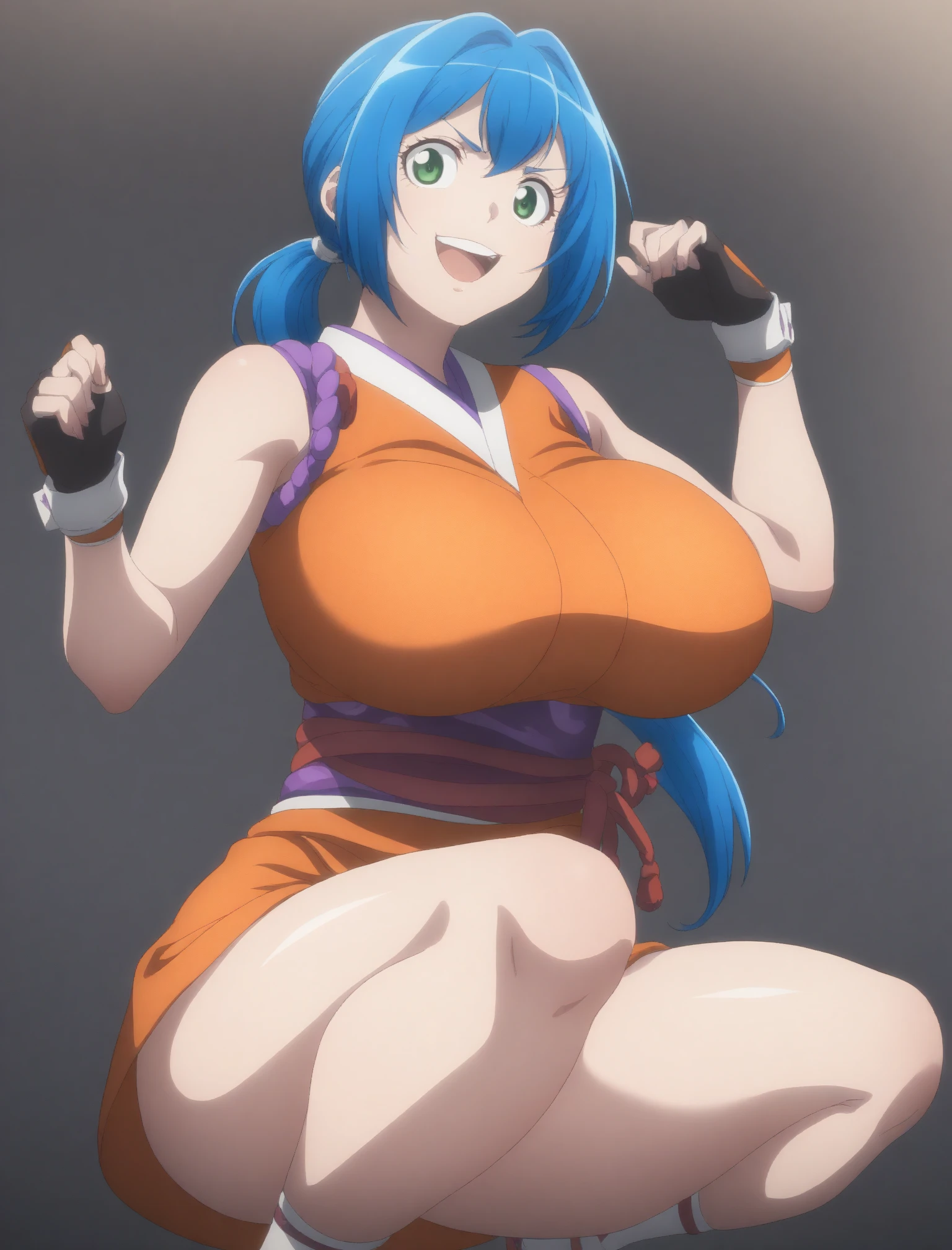 Top view angle、(((Crouching with legs apart、Put your hands behind your head and show your armpits、Hairless armpits)))(masterpiece), (Highest Resolution), 1 Girl, , pretty girl, , Very large breasts,  Abdominal muscles,Light blue hair, Red eyes, Long hair priest \(dq3\) Orange see-through bodysuit,Bodysuit that exposes armpits(((NSFW、Naughty pictures)))