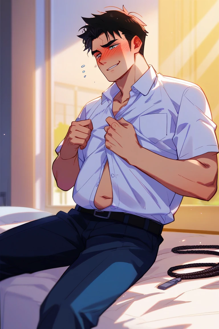(1 Adult male),A high resolution, Sharp focus, Pixiv masterpiece, ((Complicated details)), highly detailed, natsuki_subaru, 1 man,perfect male figure,Urine on the trouser leg, Nervously bow your head,is shy,embarressed,exhilarated,is shocked,panicking,worry,A pool of urine formed around him,Very eager to pee,Unbearable,Wet yourself,Urine discharge,full bodyesbian,sit astride,Tired,decadent, blue color eyes(eyes glowing), Short yellow hair,white shirt,Wear a tie,Wear a belt,trousers,perspire,Drenched,Get wet,pissing,urine flows down the pants,look from down