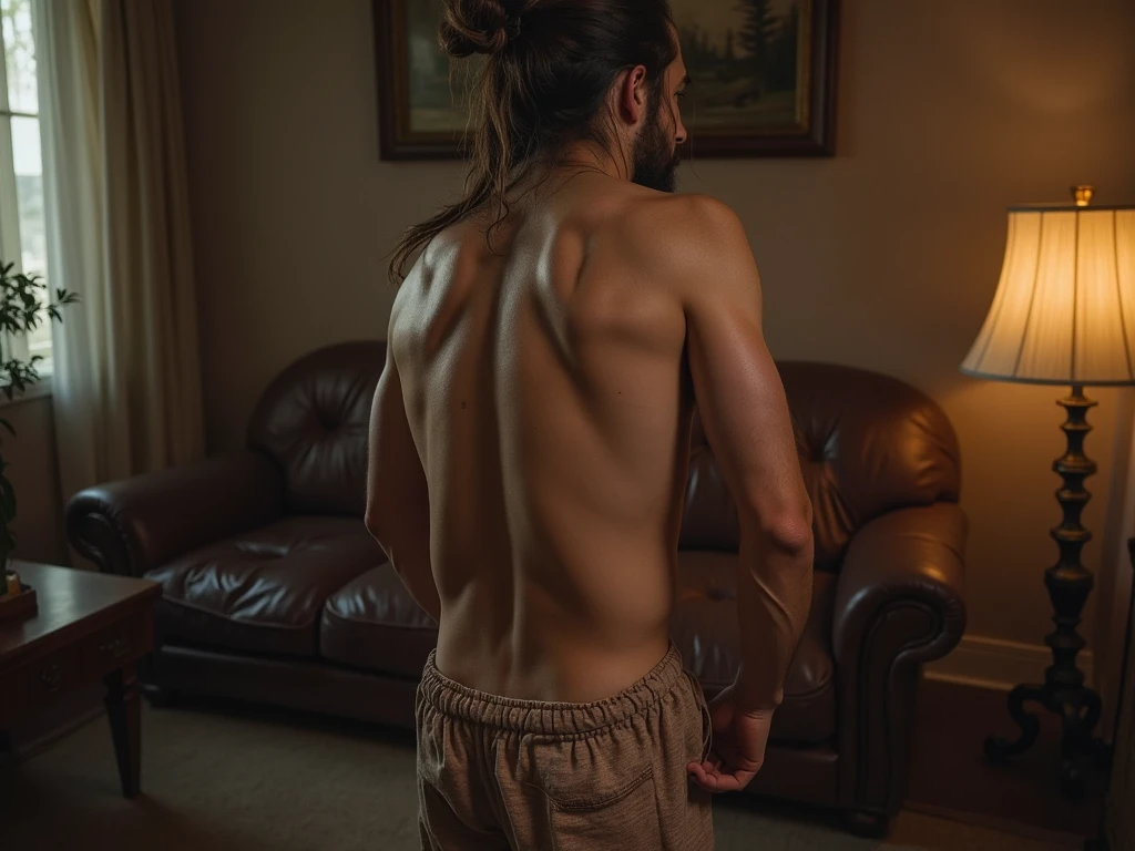 (Mejor calidad, high resolution, ultra detallado, realista:1.37), Hiperrealism, hiperdetallado, colores naturales, Luz tenue, retrato, 40 year old man, musculoso, alto, cuerpo peludo, pecho peludo, virilidad, actor, porno gay, muy sexual, elegante, nalgon, barba negra, gray jeans sin camisa, backside, same model full body ,bent over man
