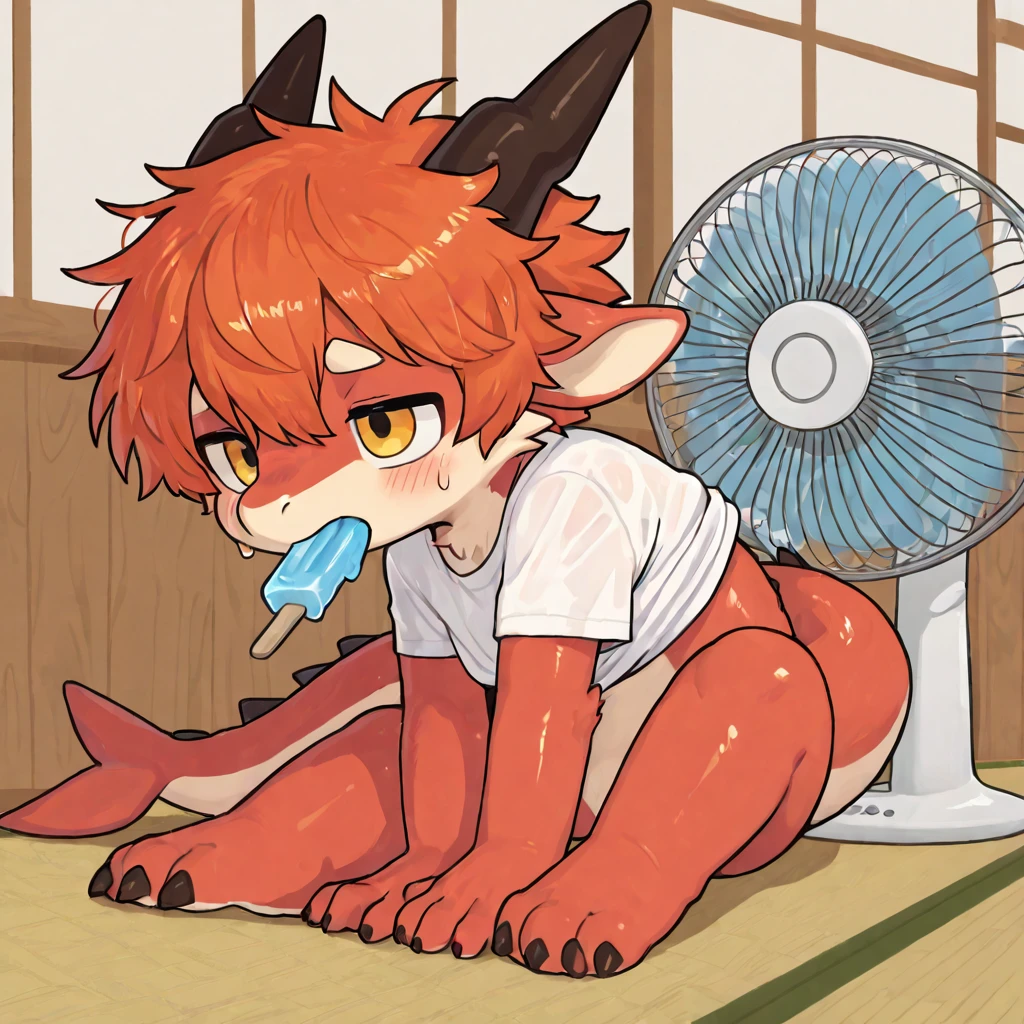 teary eyes, tear drops, sweat drops, sweat, heart, nipples, navel, orange hair, pale orange fur, lion body feature, tribal clothes, boy, kemoshota, short statue, dynamic angle, precum, tentacles