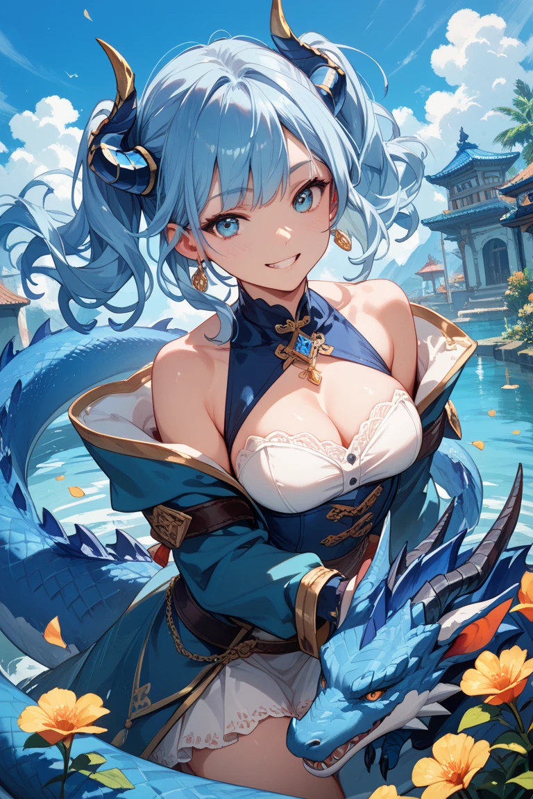 1girl in, Blue hair, sharp blue eyes, she is a dragon girl