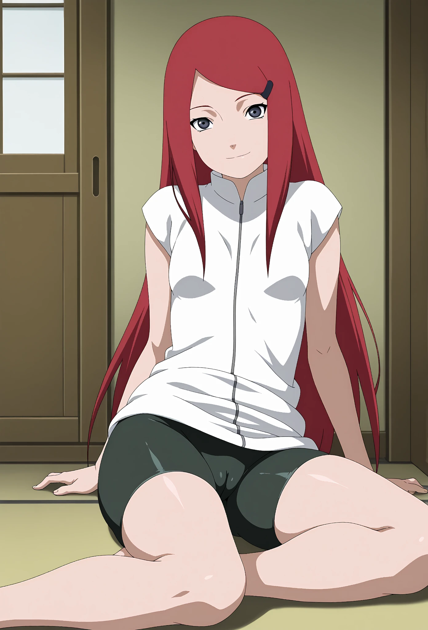 kushina, long hair, hair ornament, red hair, red head, hairclip, (grey eyes:1.5), full body,  indoors, BREAK (masterpiece:1.2), best quality, high resolution, traditional art, (perfect hands, perfect anatomy), closing eyes in her smile, ((naked)), kneeling, forehead in floor, ass up
