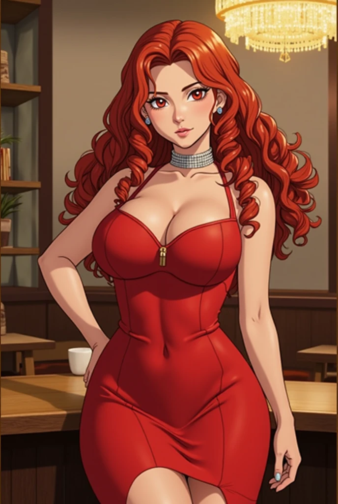 (A hyper-realistic), (illustratio), (hight resolution), (8K), (ighly detailed), (The best illustrations), (beatiful detailed eyes), (top-quality), (ultra-detailliert), (​masterpiece), (detailed face), cowboy shot,inner colored,solo, Girl in tight orange dress, huge tits, smile, high heel, ((spreading legs:1.3)), ((inner thigh)), thick thighs, sitting on a sofa, yor, red hair, hairband, golden earings, blue eyes, long hair, cleavage, ((at night))