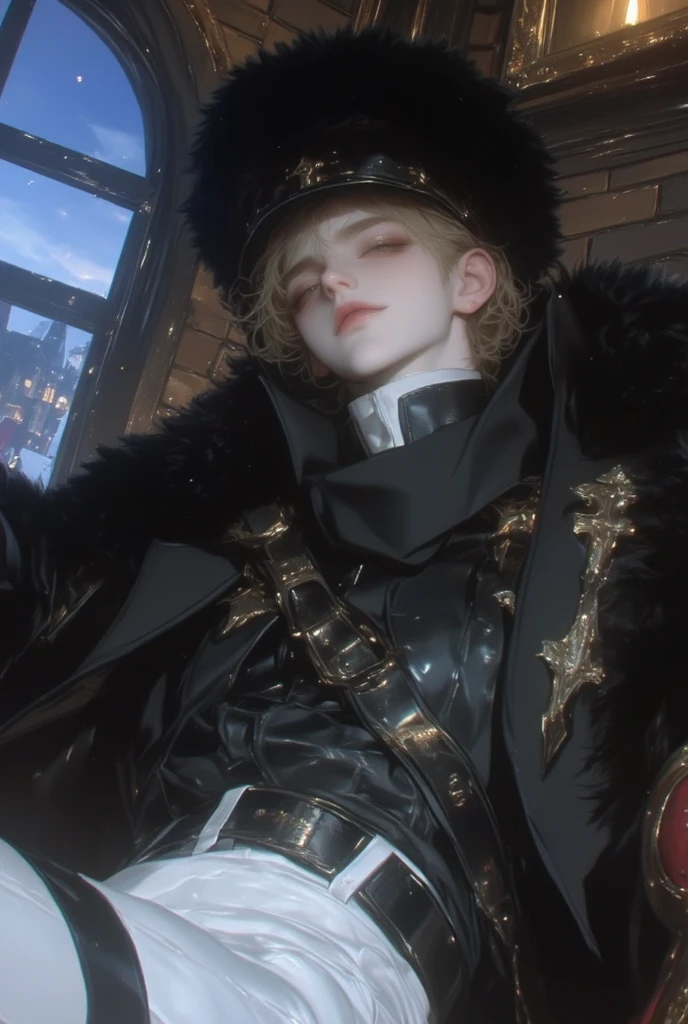  boy with pale white skin 
Vampire 
Bright red eyes 
Messy hair, White with black top 
Wearing an elegant purple Victorian suit, with gold details 
Black cape
Cold gaze, sitting in front of a chess board 