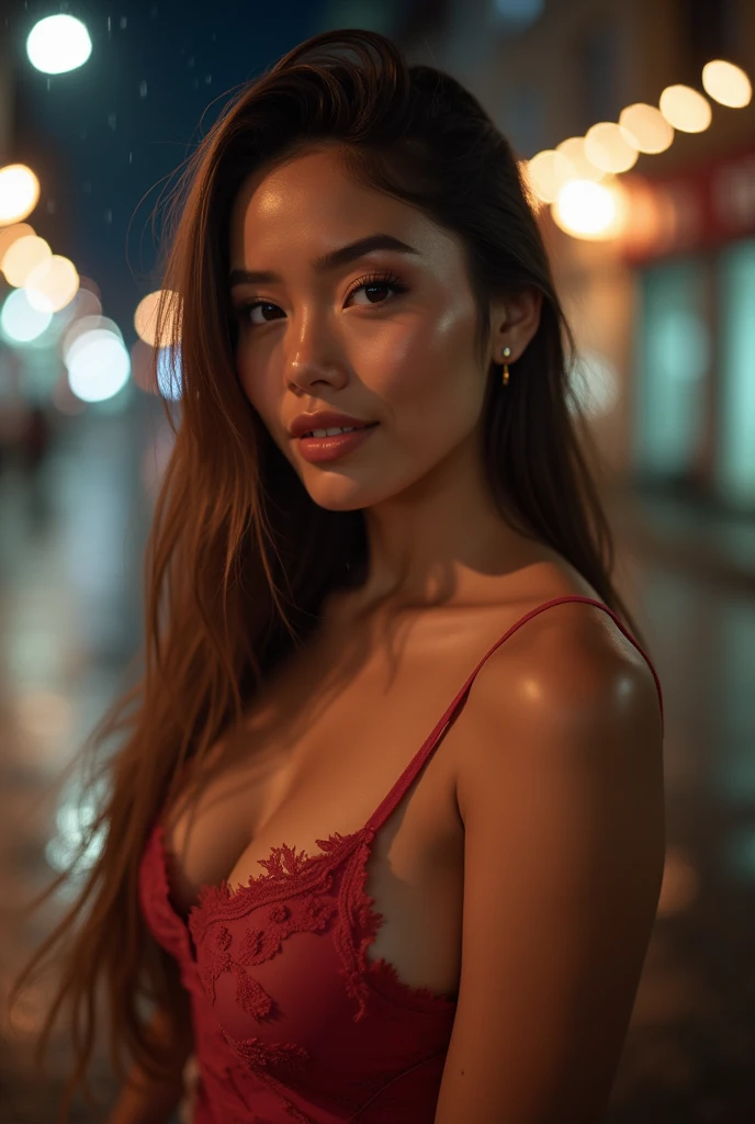 pretty Colombian teen girl, 13yo, cute face, makeup, extremely detailed eyes and lips, beautiful brown eyes, flat chest, (photorealism:1.7), 4K, summer, city street at night, loose red dress, evil grin, short girl, view of her nipples from above